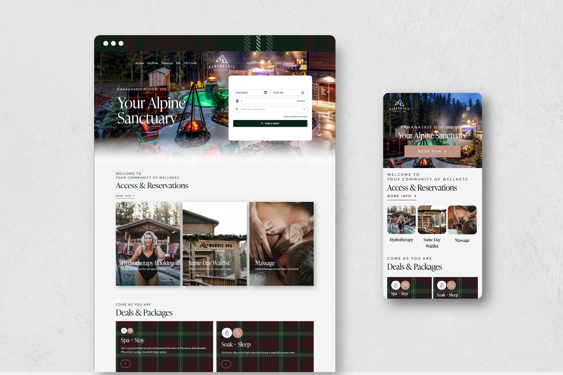 Kananaskis Nordic Spa Website Design, app interface, interactive widgets, interactive design